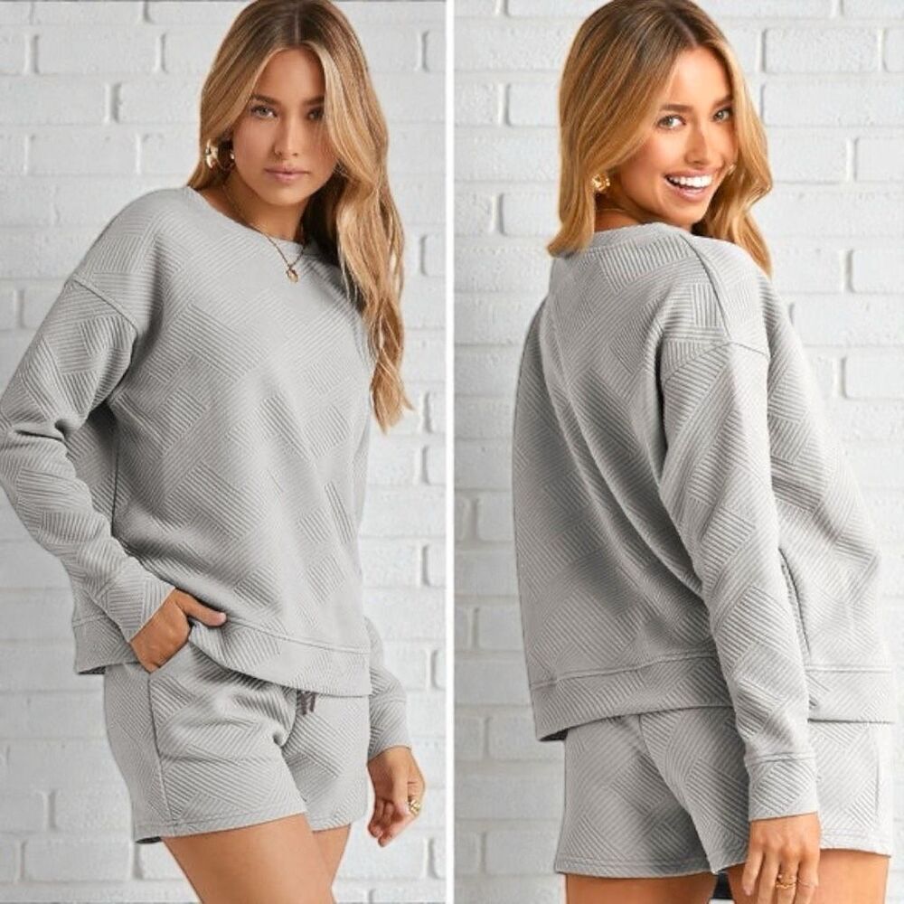 Boutique Gray Textured Long Sleeve Top & Shorts Lounge Set | Plus Size | NWT - Picture 4 of 12